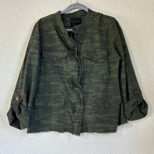 Sanctuary Women's Utility Jacket in Cammo Roll Tab Zip Fringe Size- XL